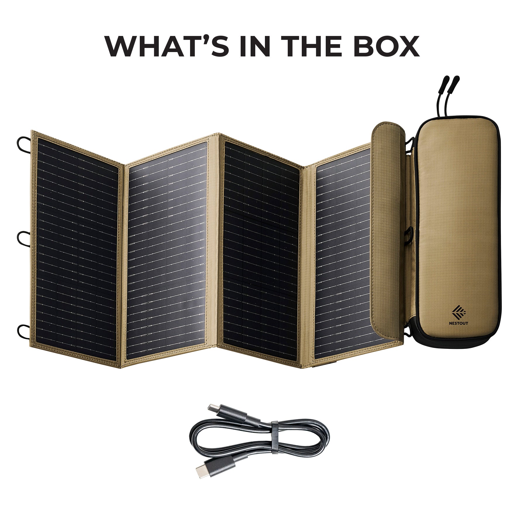 What is inside the box featuring the 4 panels unfolded and a charging cable on a white background