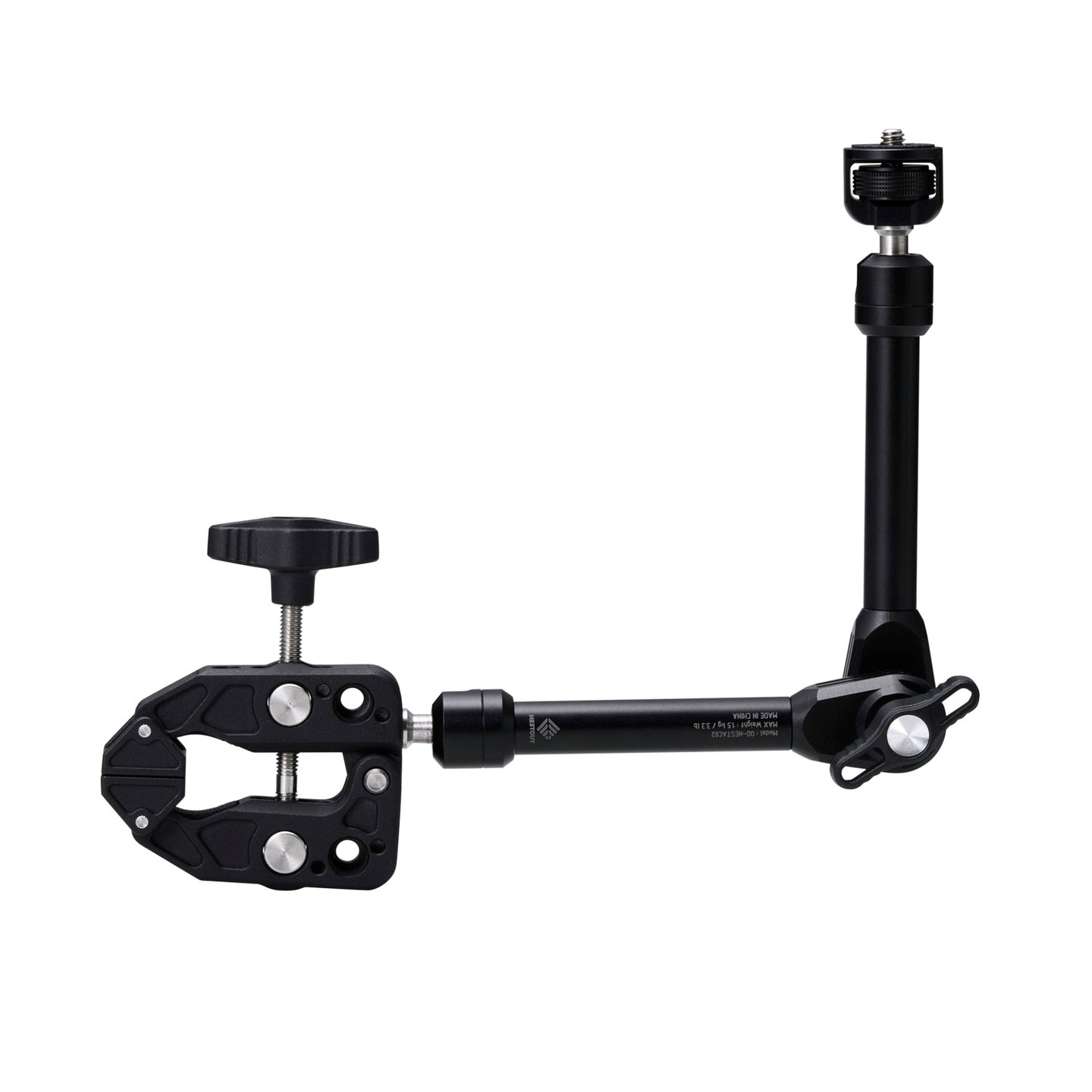 Black clamp and arm with a white background