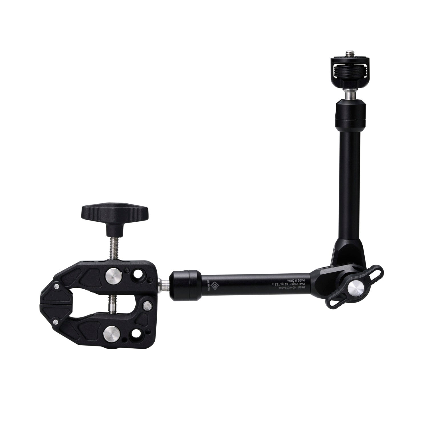 Black clamp and arm with a white background