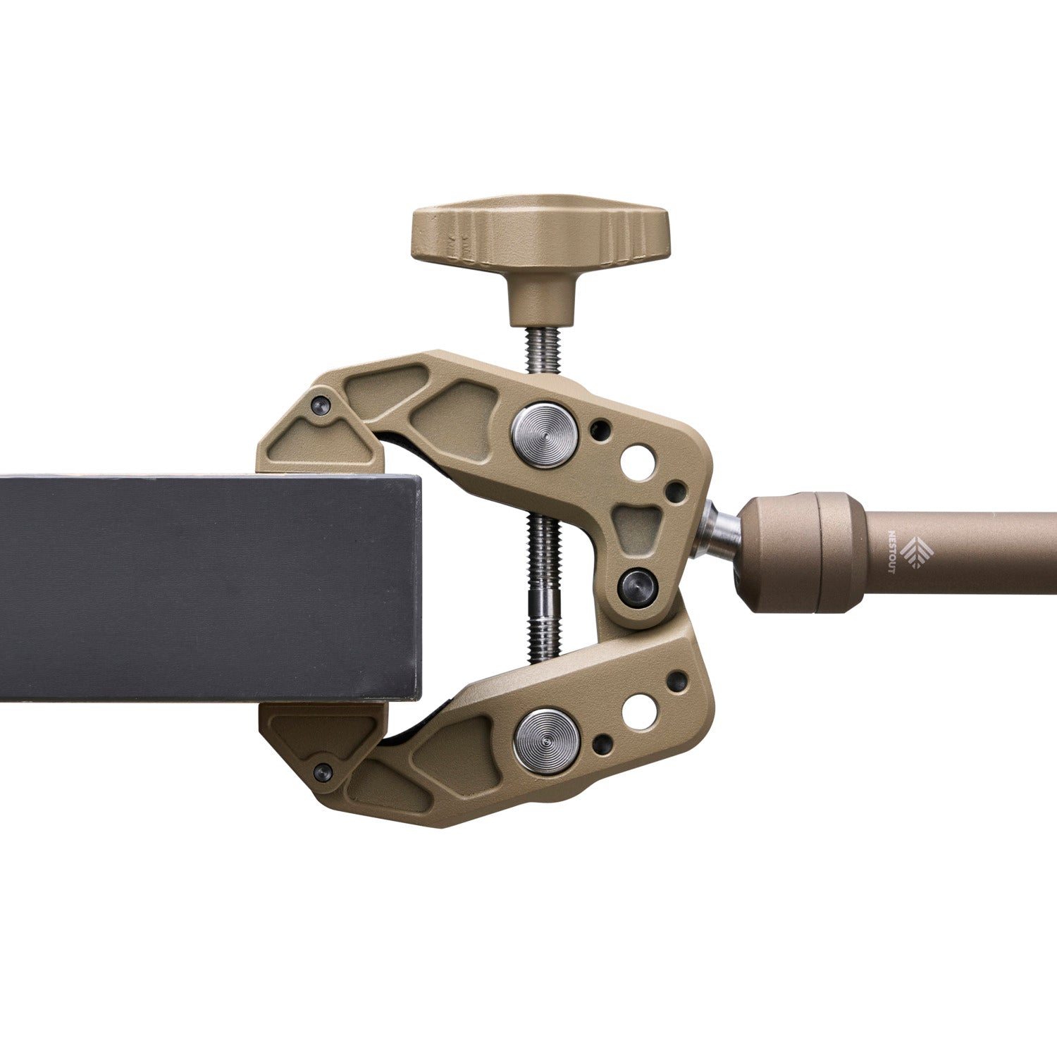 Beige clamp arm clamped onto a desk with a white background 