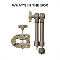 Beige arm and clamp what's in the box with a white background