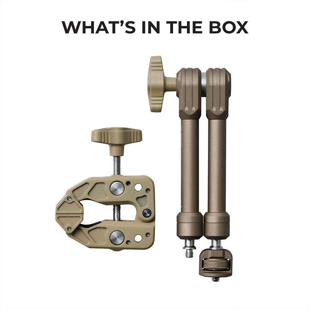 Beige arm and clamp what's in the box with a white background