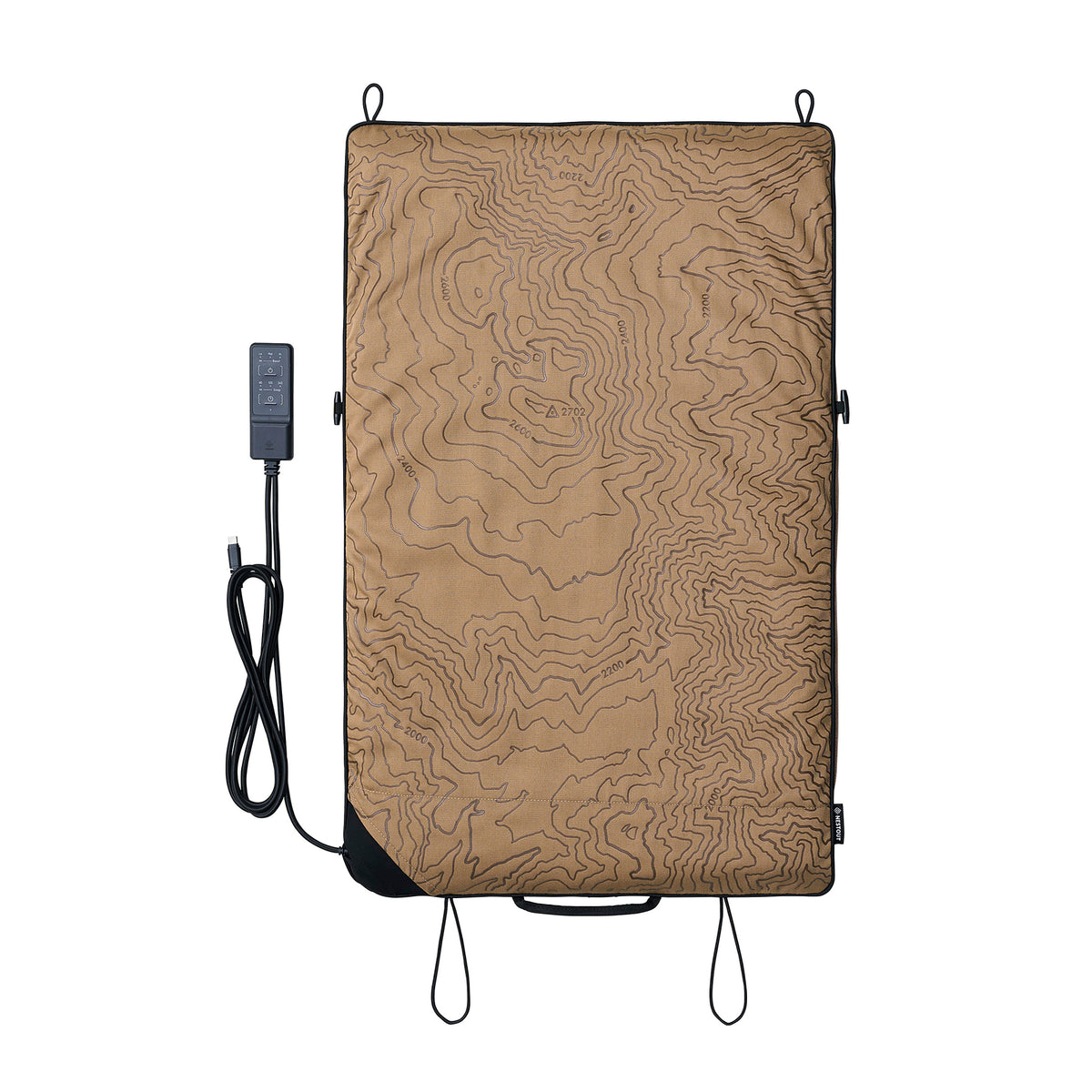NESTOUT Electric Heater PAD-1 in Beige with a topographic contour pattern, shown with its black power cable and controller on a white background.