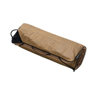 A rolled-up beige heating pad with a topographic contour pattern and black trim, shown on a plain white background.