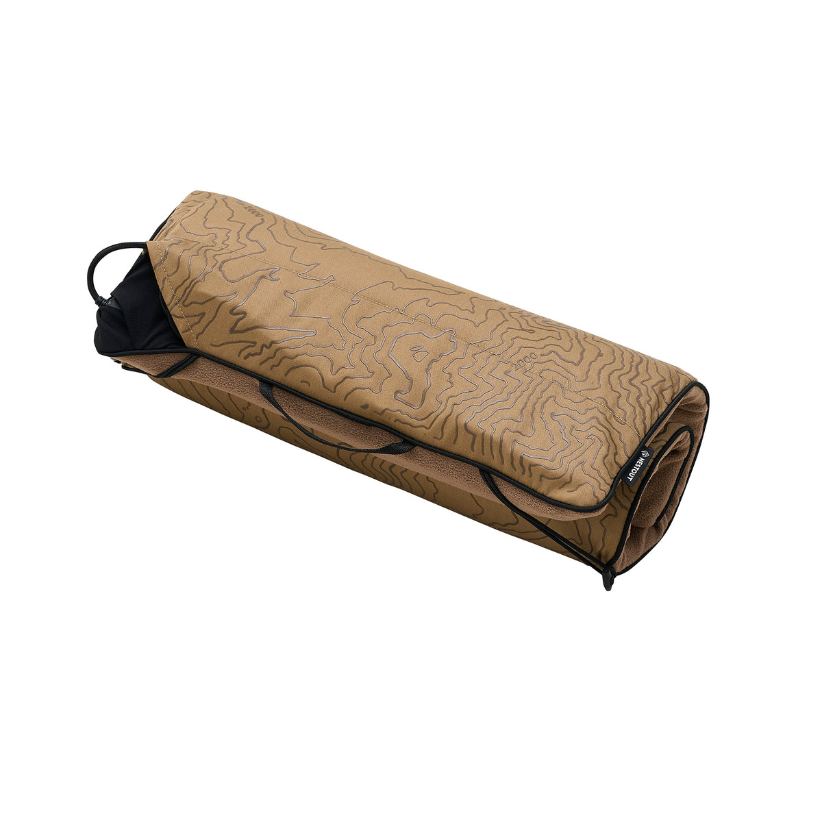 A rolled-up beige heating pad with a topographic contour pattern and black trim, shown on a plain white background.