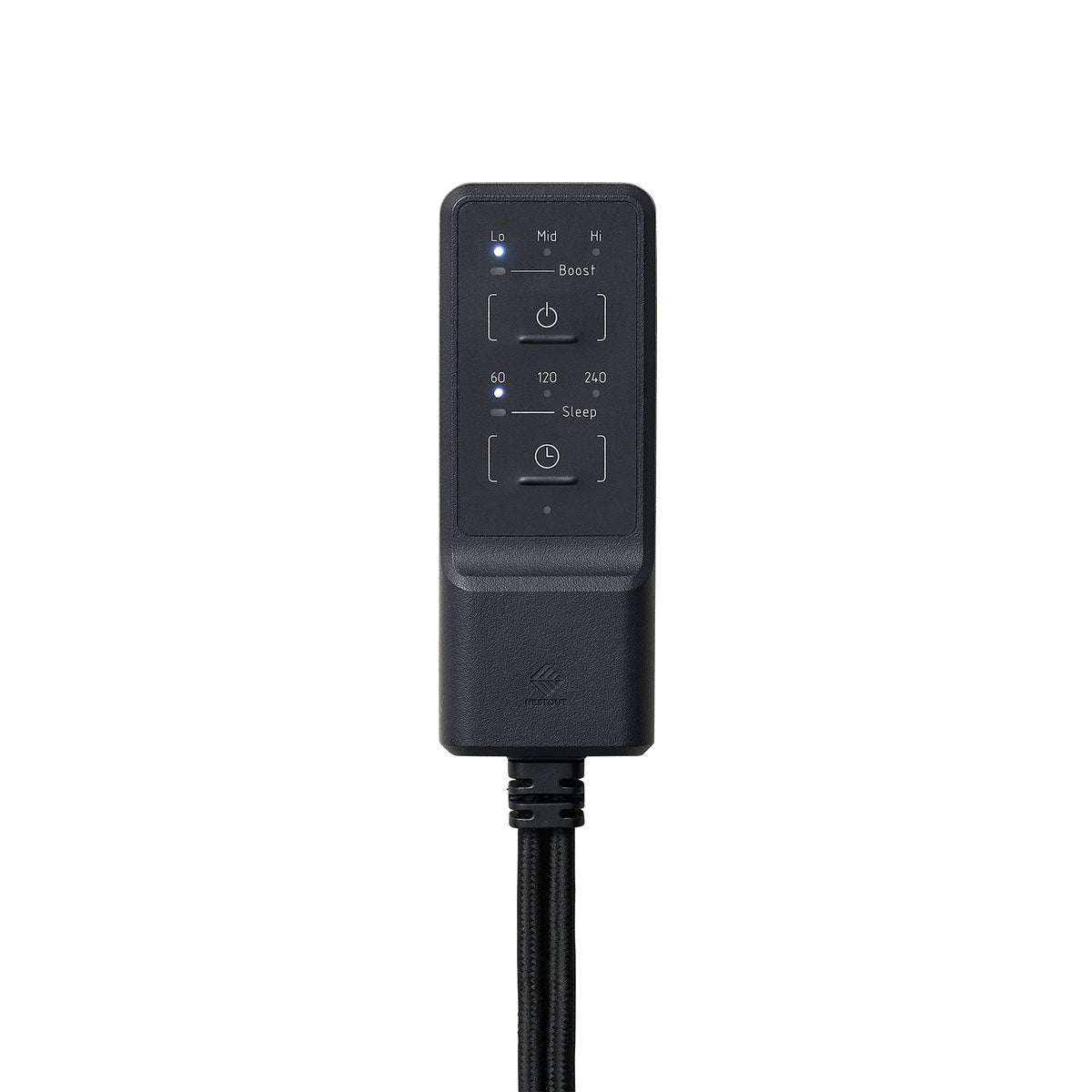 A black remote controller for the heating pad with a power button and indicator lights for Low, Mid, High, and BOOST settings, plus a timer button with lights for 60, 120, 240 minutes and SLEEP mode, shown on a plain white background.