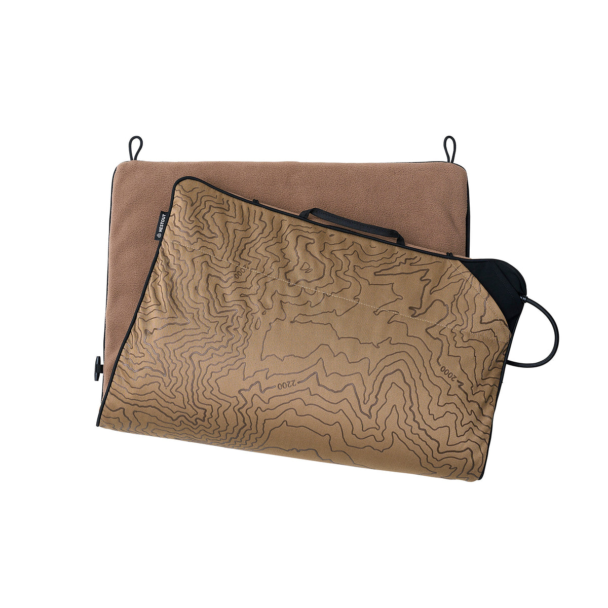 A beige heating pad partially folded over to show both sides, with brown fleece on one side and a topographic contour pattern on the other, shown on a plain white background.