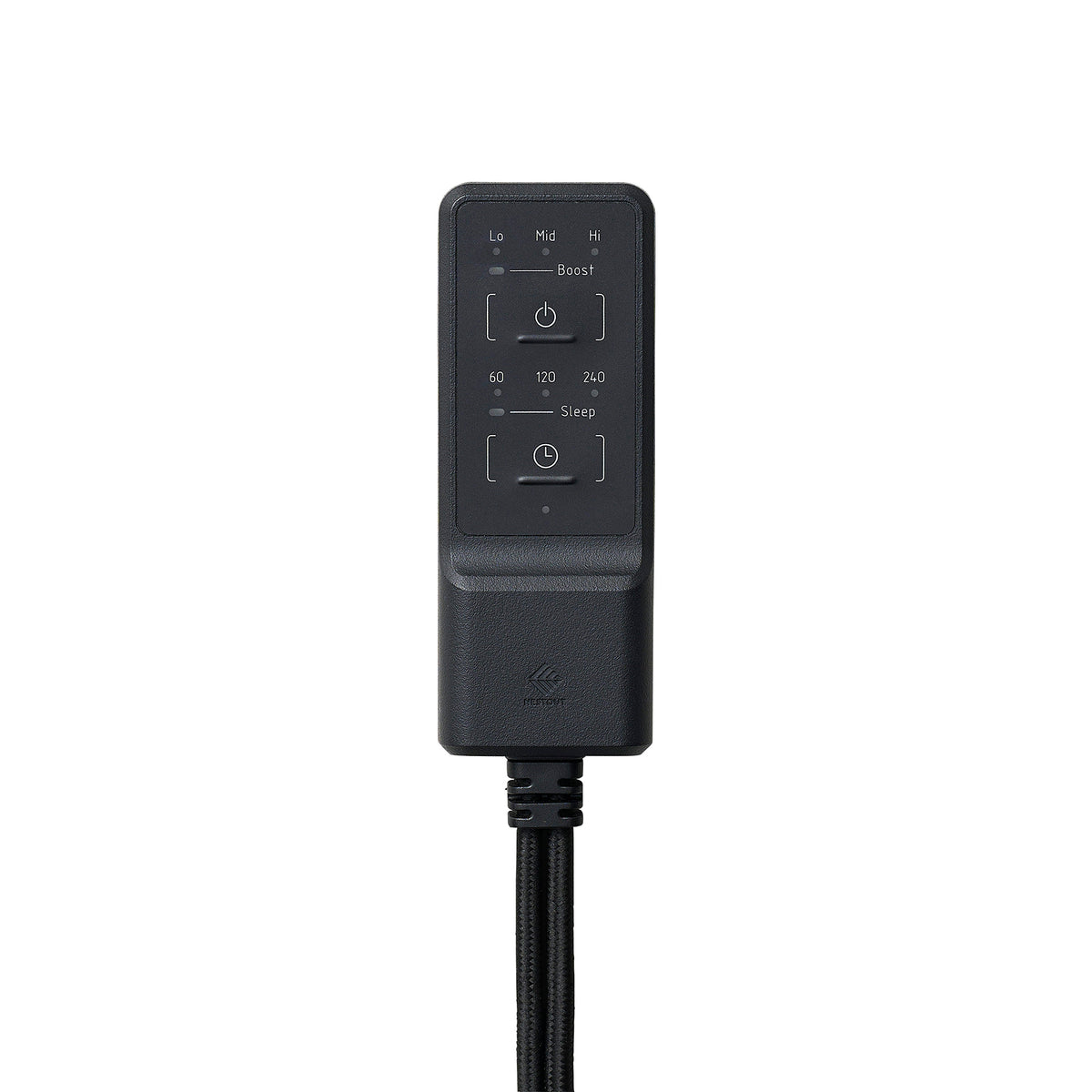 A black remote controller for the heating pad with a power button and indicator lights for Low, Mid, High, and BOOST settings, plus a timer button with lights for 60, 120, 240 minutes and SLEEP mode, shown on a plain white background.
