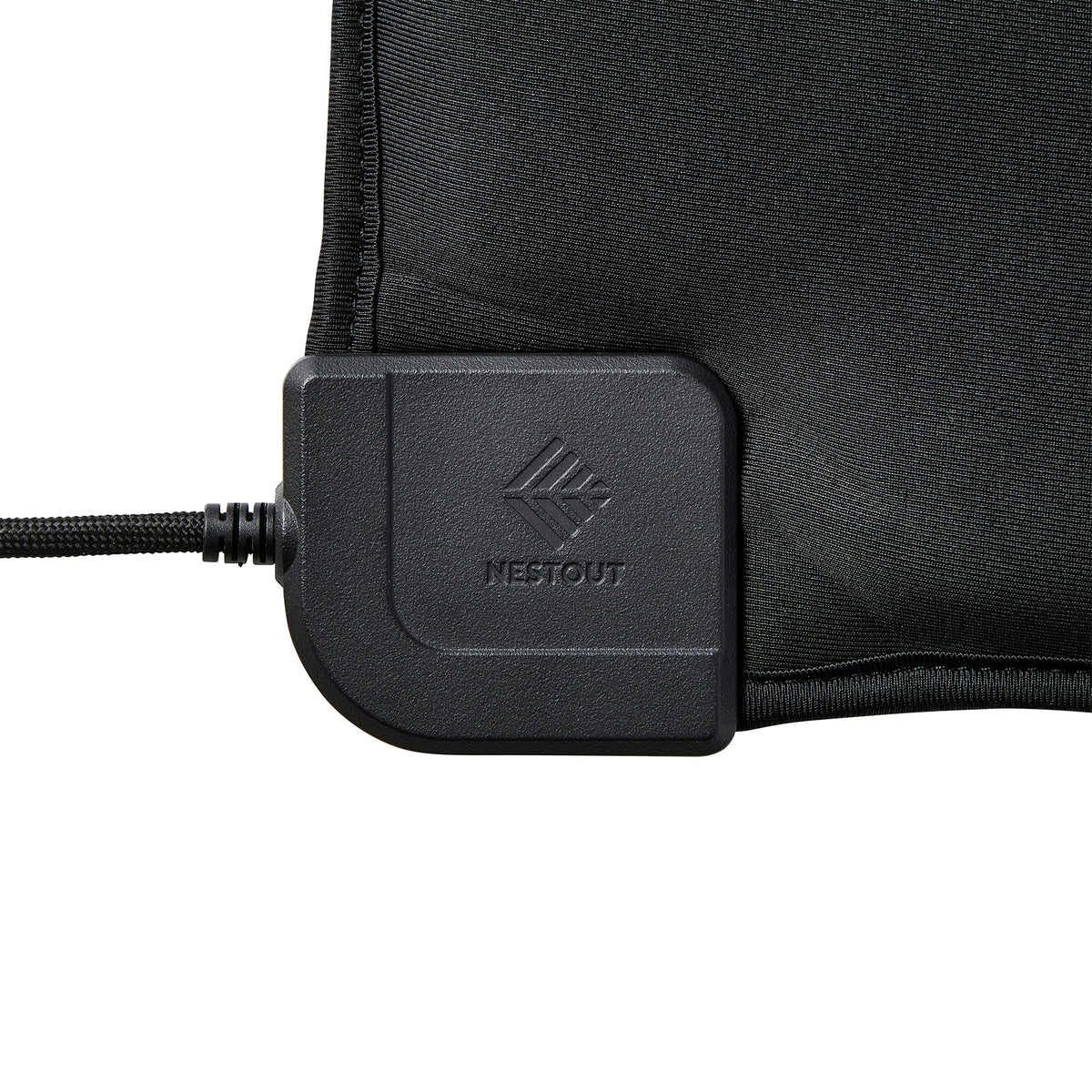 A close-up of the heating pad's corner cable connector with an embossed NESTOUT logo, attached to the black heating unit and shown on a white background.