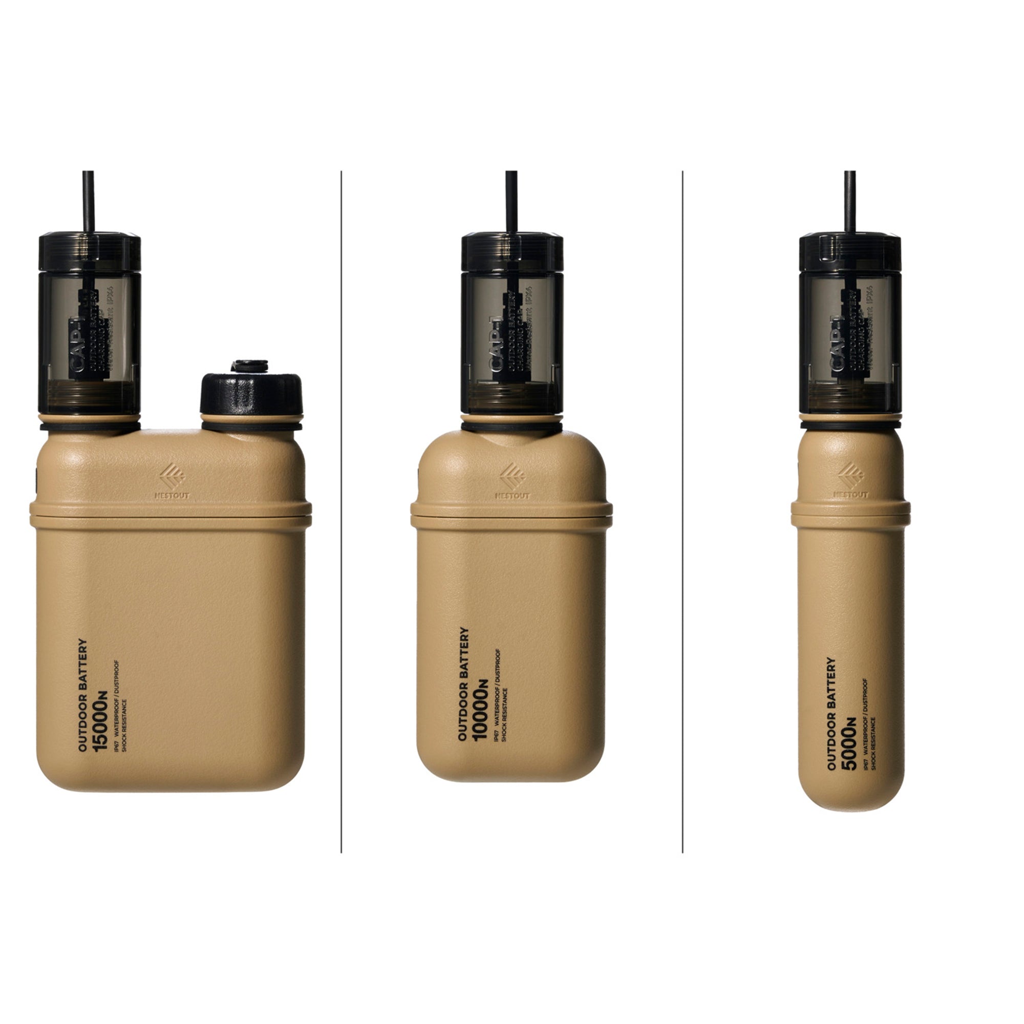 NESTOUT CAP-1 attached to three Nestout outdoor beige batteries with charging caps on a white background