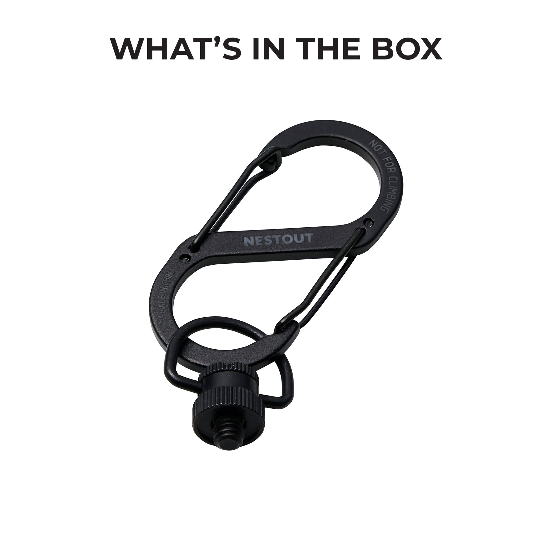 Black battery mount carabiner on a white background