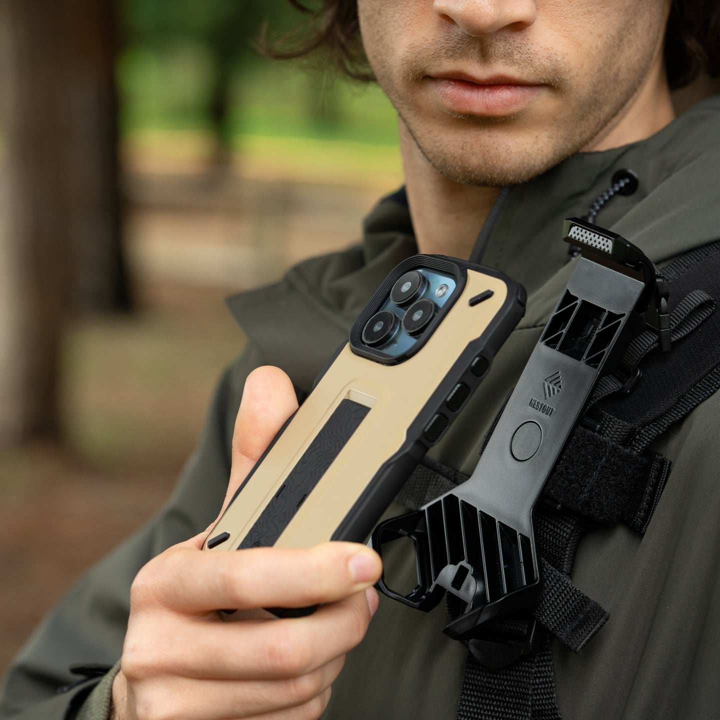 beige iphone case with one snap mount in use | durable hiking phone case