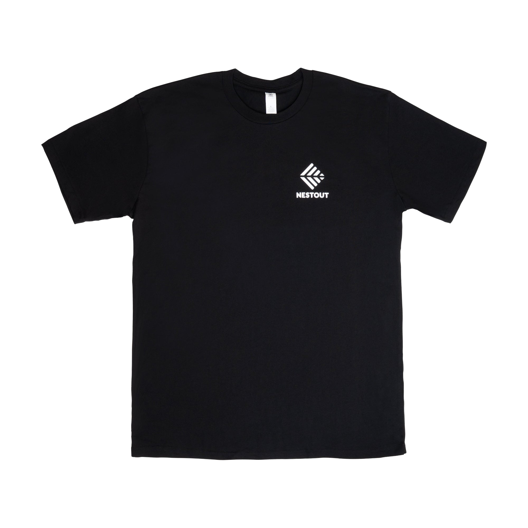 Black t-shirt with a white NESTOUT logo on a white background