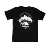 Black t-shirt with white graphics on a white background