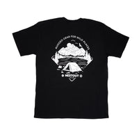 Black t-shirt with white graphics on a white background