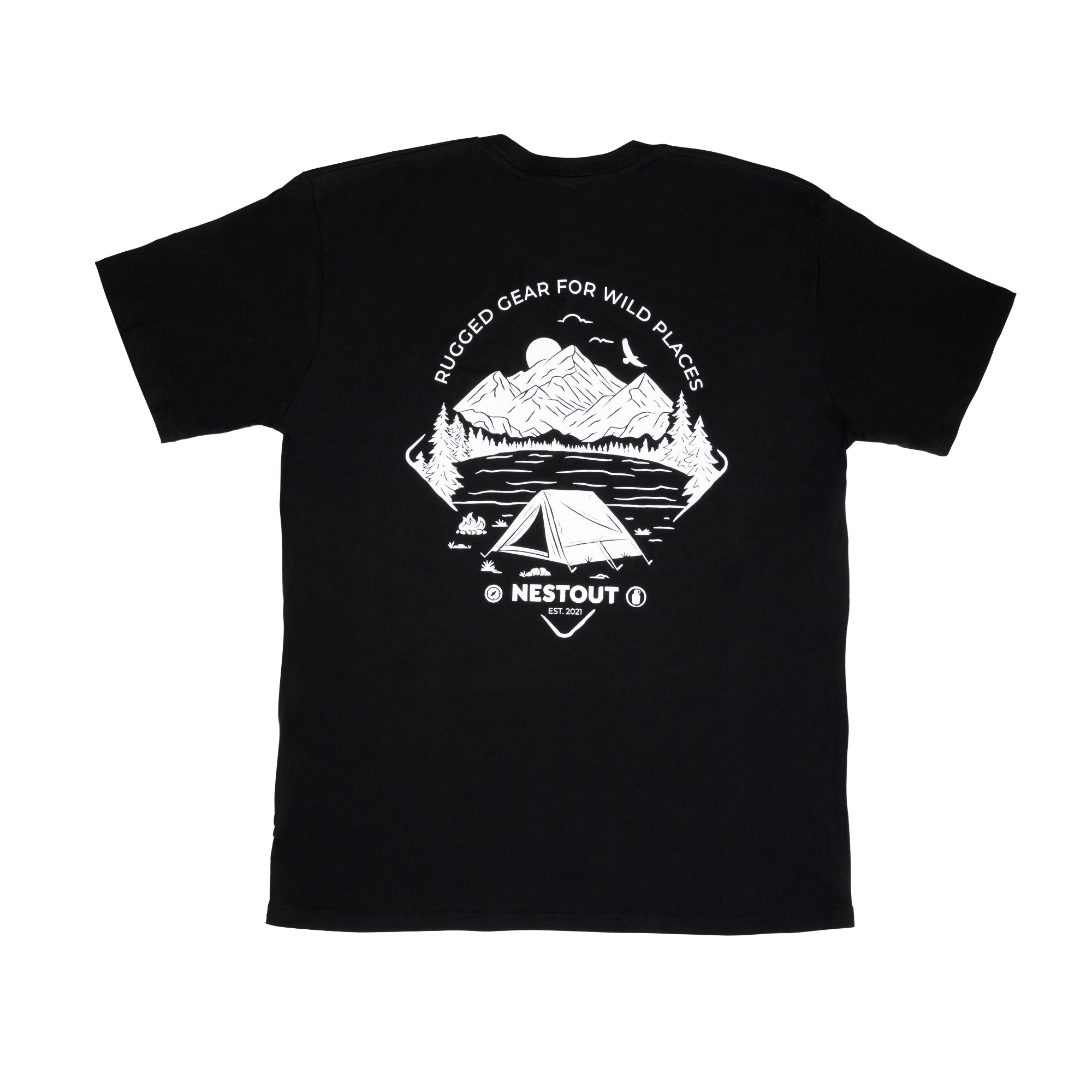 Black t-shirt with white graphics on a white background