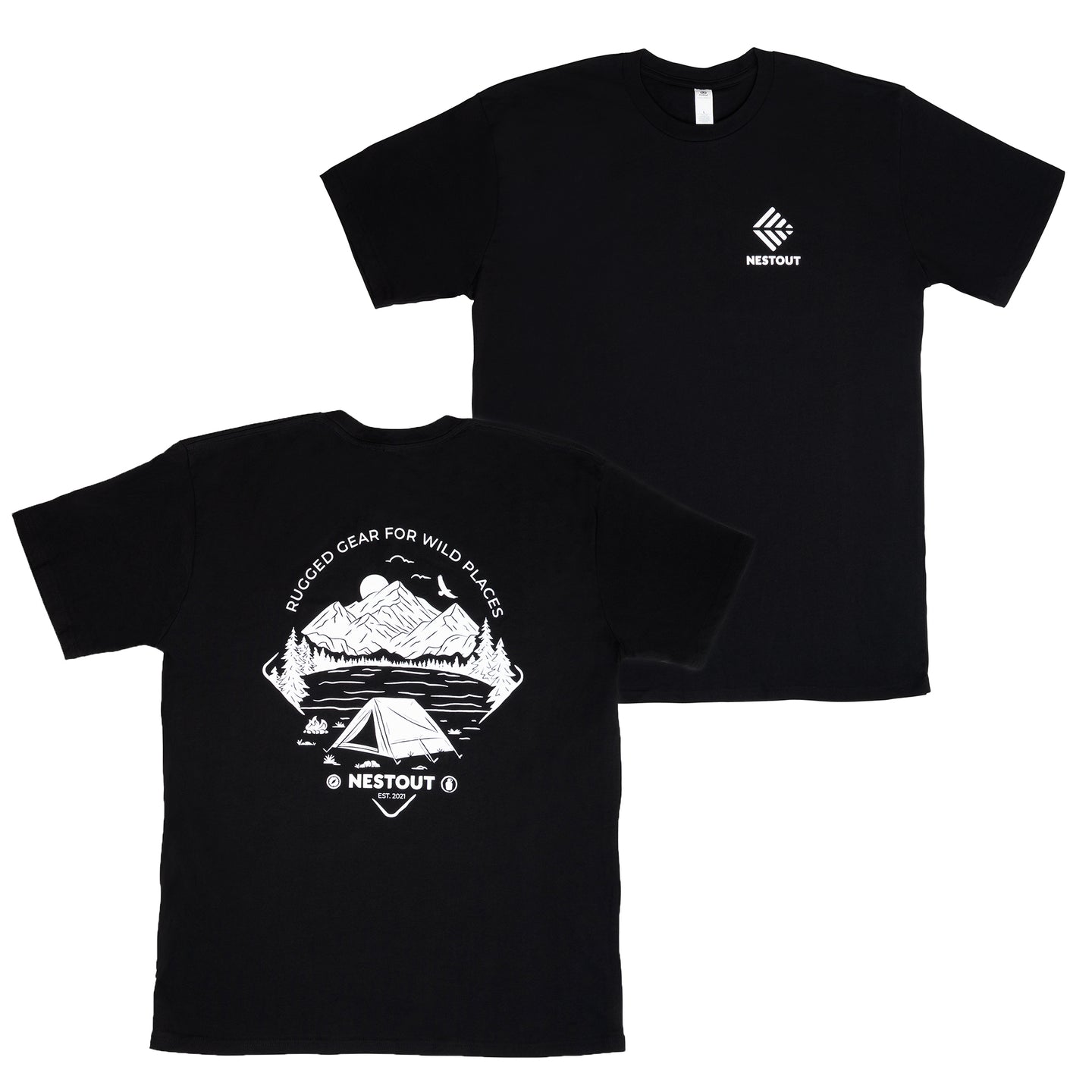 Black nestout backcountry t-shirt with white graphics and logo on a white background