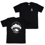 Black nestout backcountry t-shirt with white graphics and logo on a white background