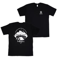 Black nestout backcountry t-shirt with white graphics and logo on a white background