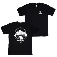 Black nestout backcountry t-shirt with white graphics and logo on a white background