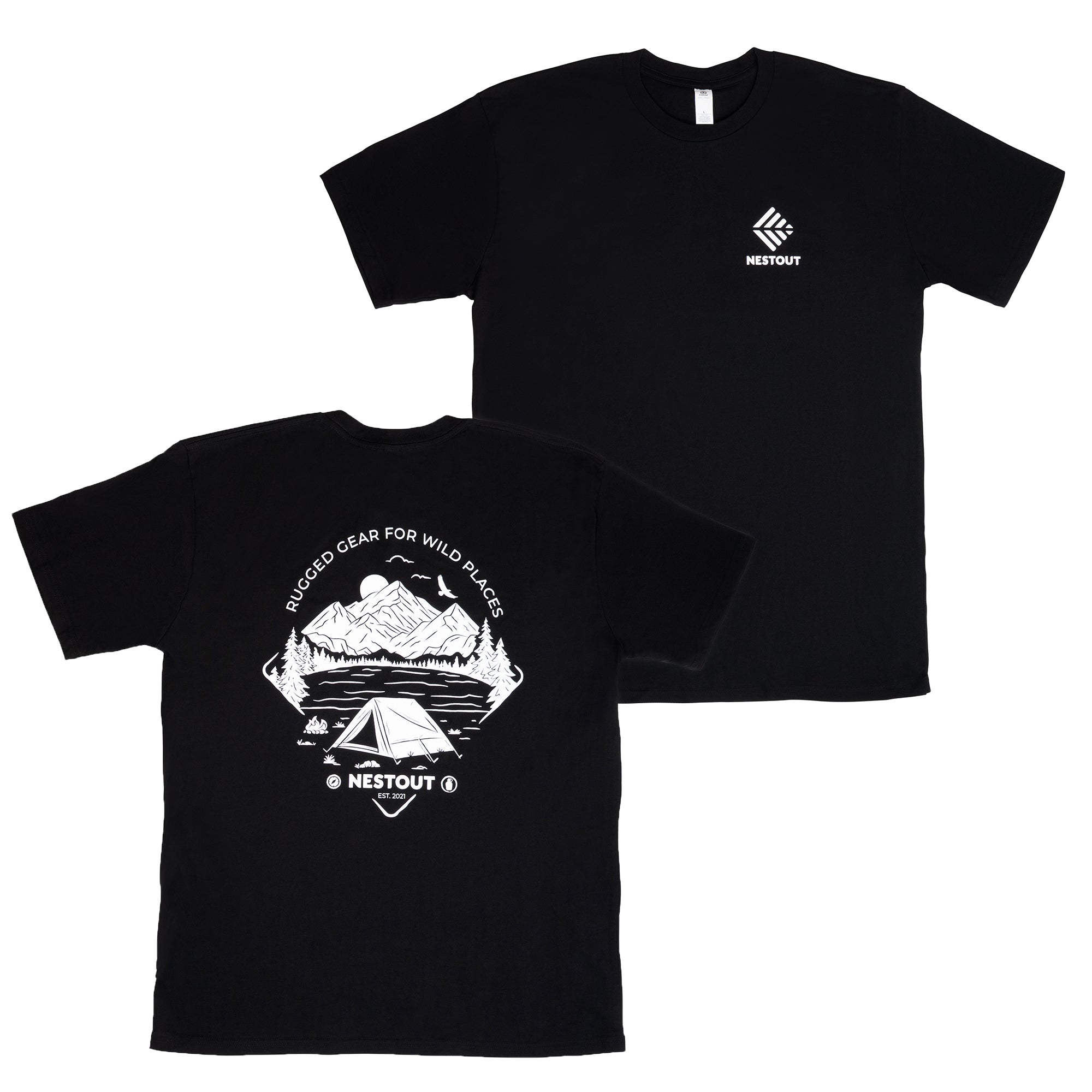 Black nestout backcountry t-shirt with white graphics and logo on a white background