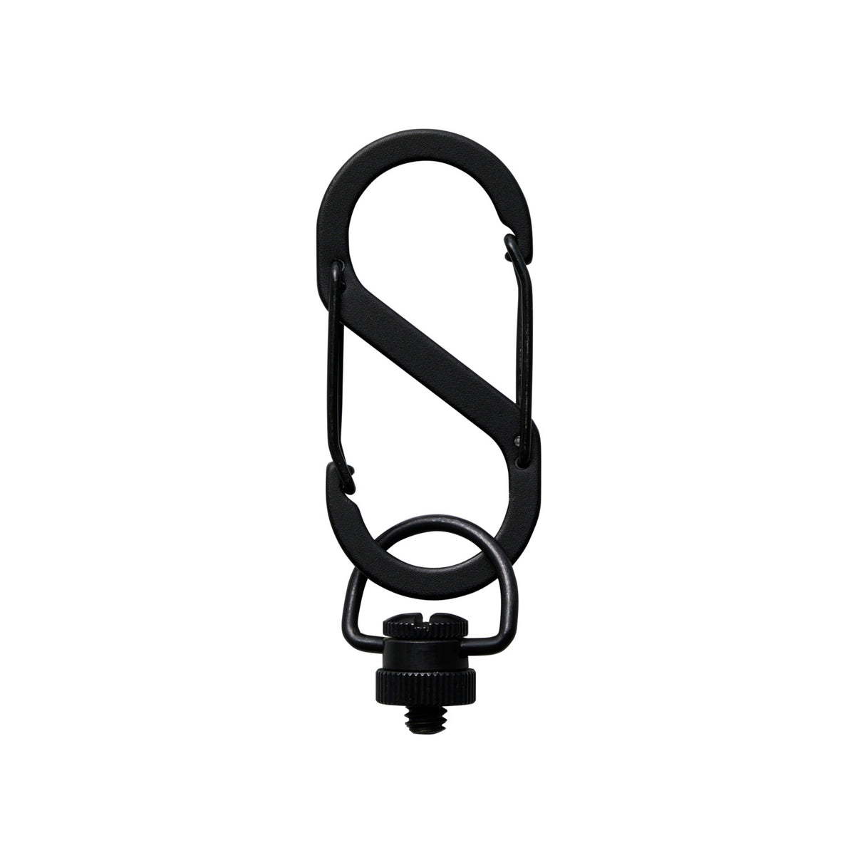 Black battery mount carabiner on a white background