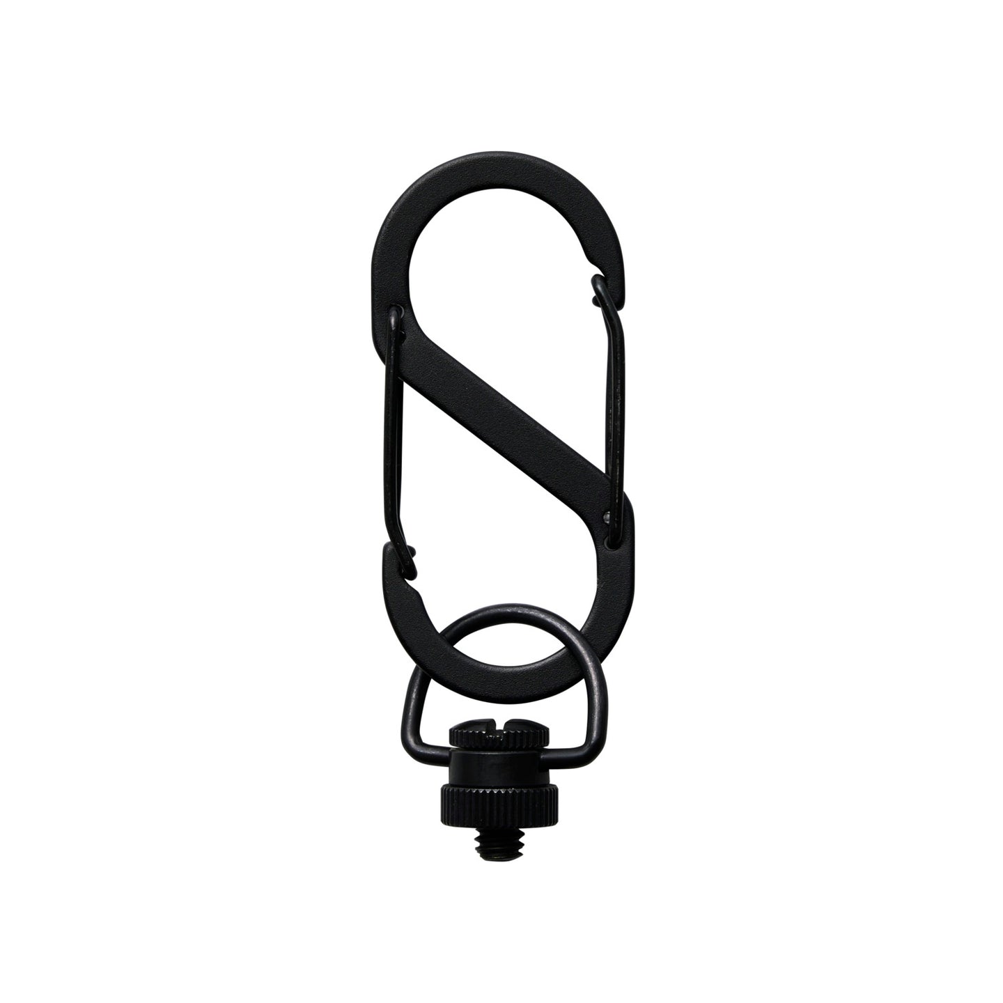 Black battery mount carabiner on a white background