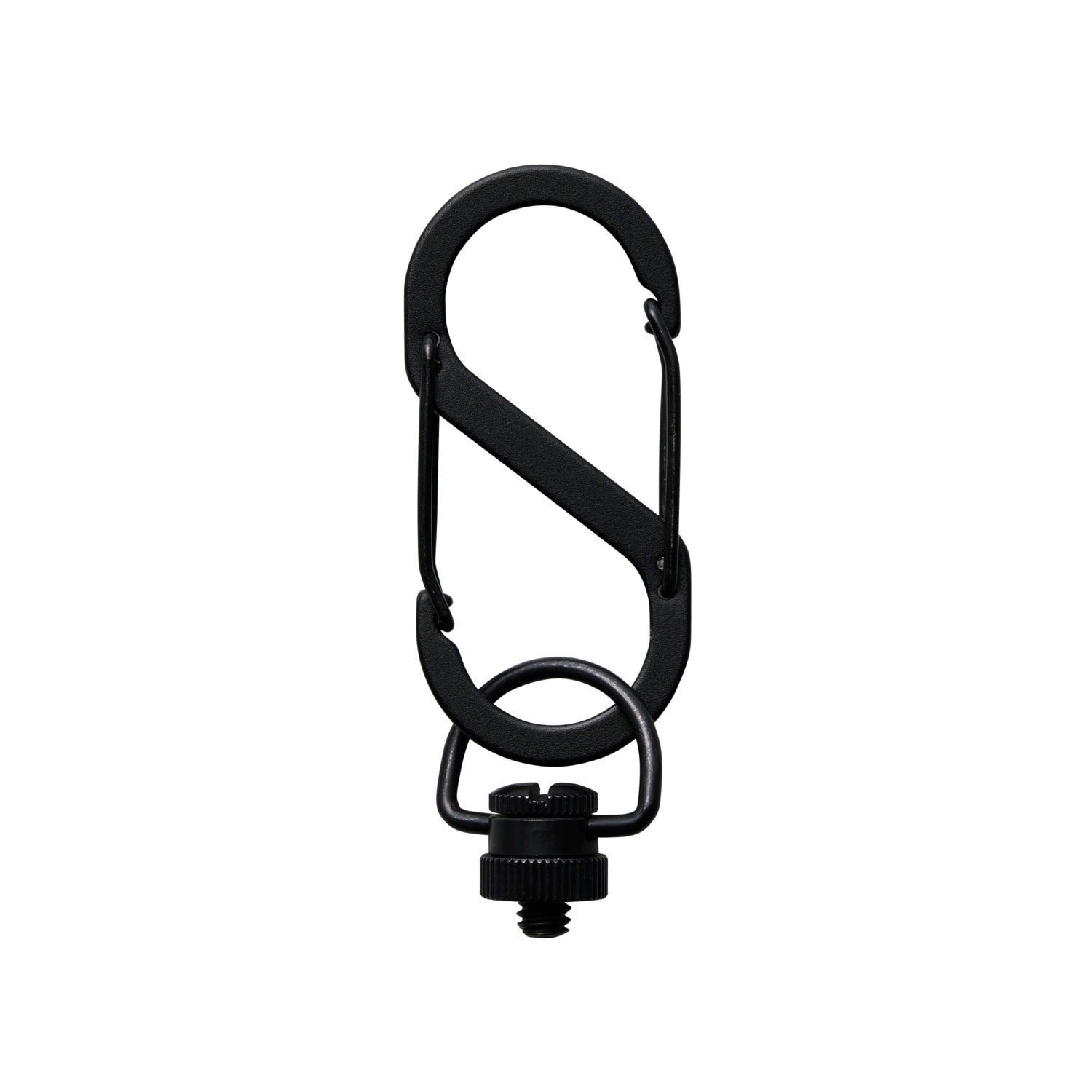 Black battery mount carabiner on a white background