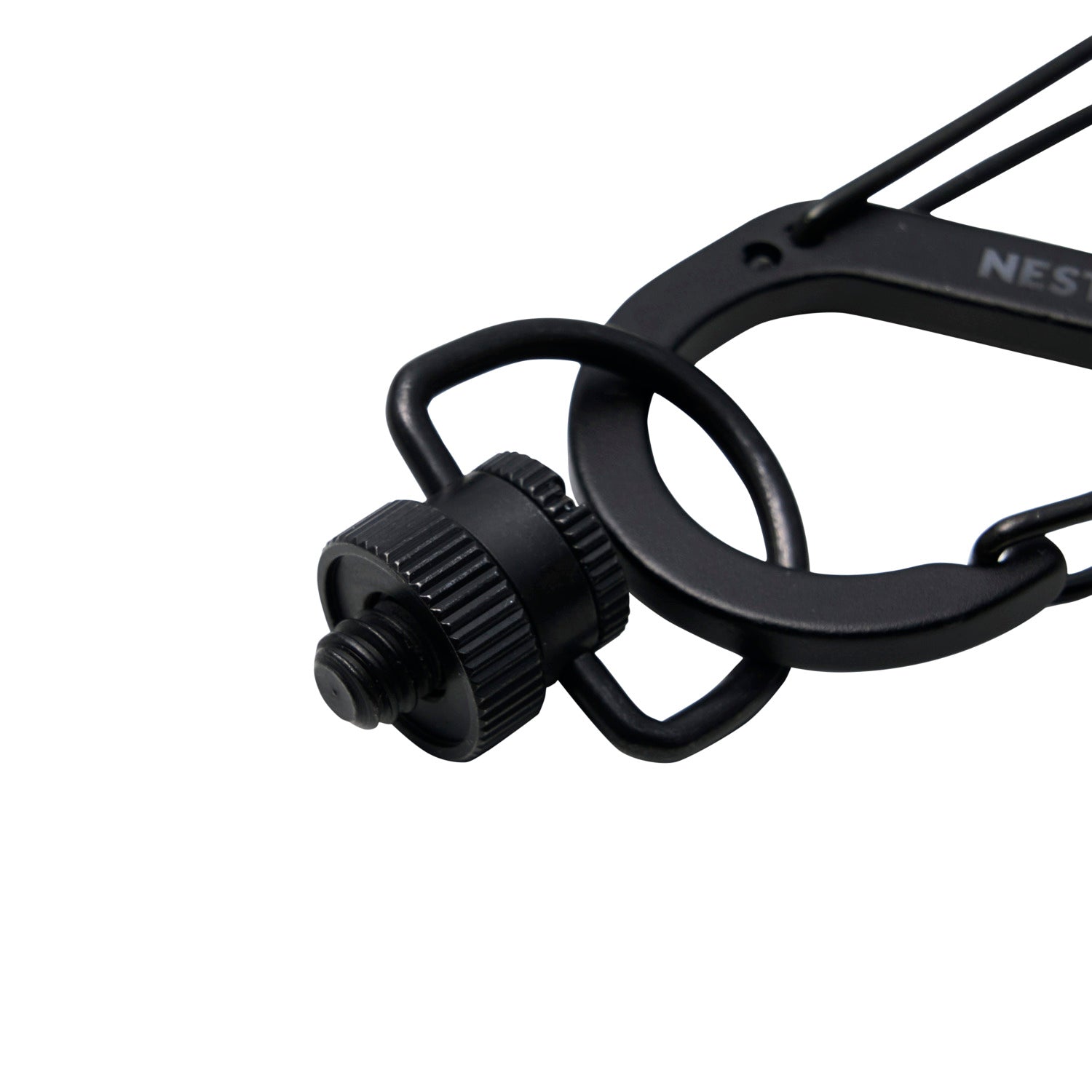 close up of the black battery mount carabiner and screw attachment