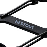 close up of the black battery mount carabiner with the nestout logo being shown