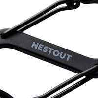 close up of the black battery mount carabiner with the nestout logo being shown