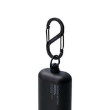 A black outdoor battery with a carabiner clip, shown on a solid white background.