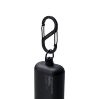 A black outdoor battery with a carabiner clip, shown on a solid white background.