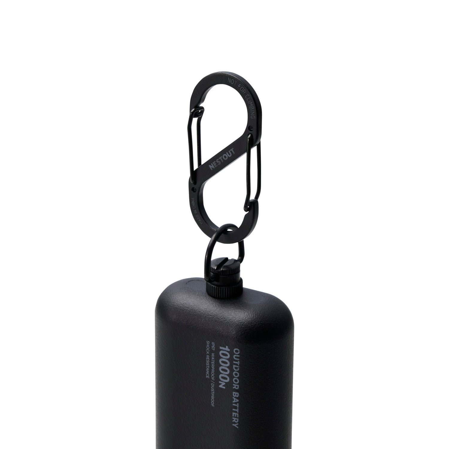 A black outdoor battery with a carabiner clip, shown on a solid white background.