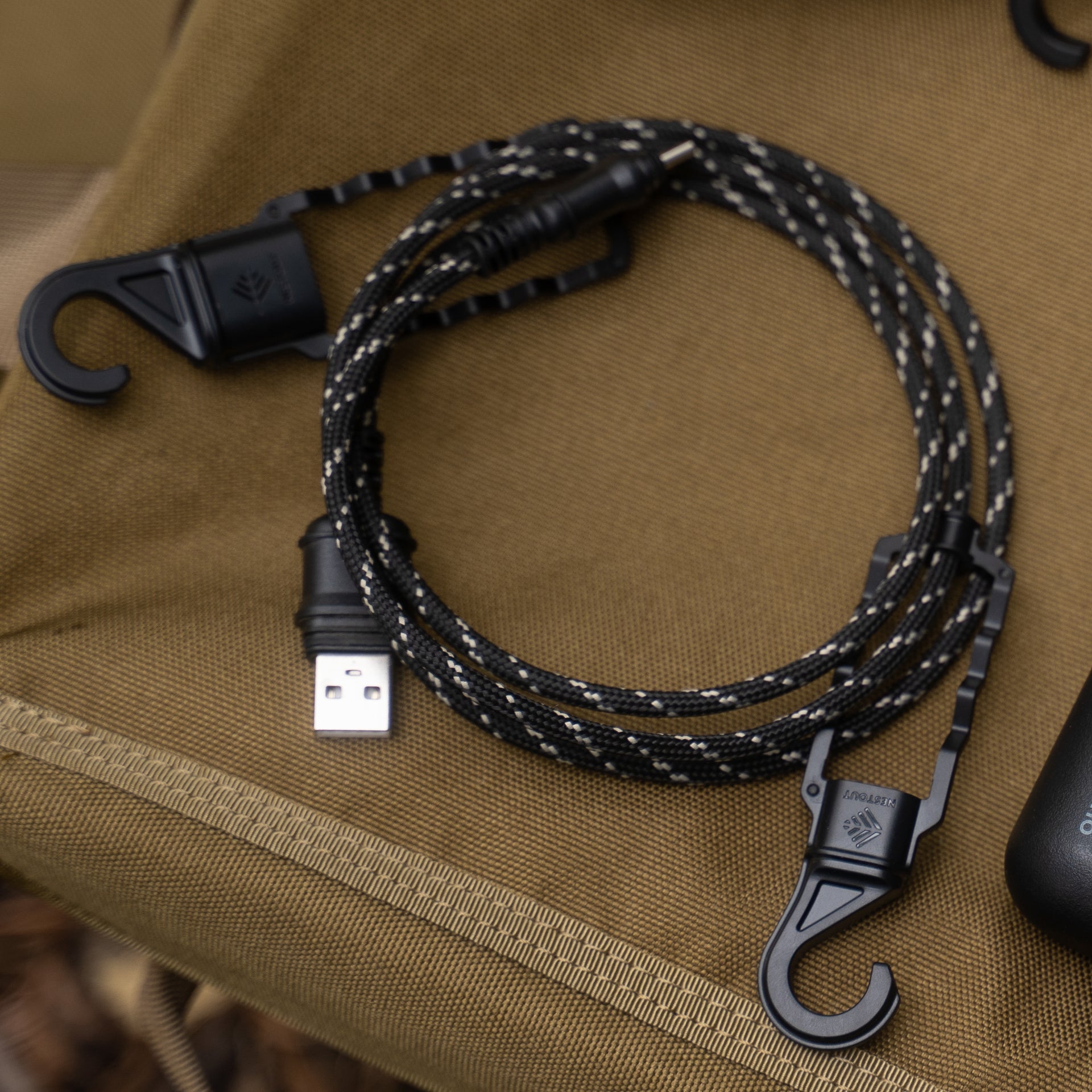 Black usb-a to usb-c charging cable with hanging hooks + waterproof cap cover