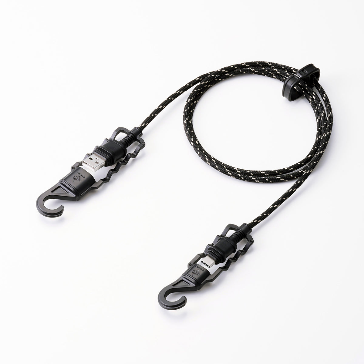 Black usb-a to usb-c charging cable with hanging hooks, waterproof cap covers, and cord clip 3 foot