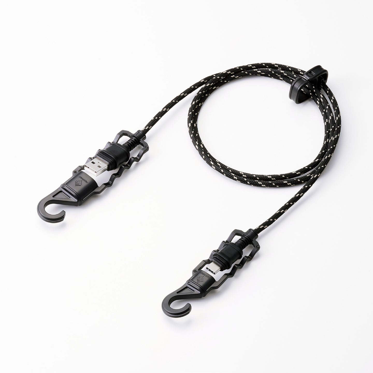 Black usb-a to usb-c charging cable with hanging hooks, waterproof cap covers, and cord clip 3 foot