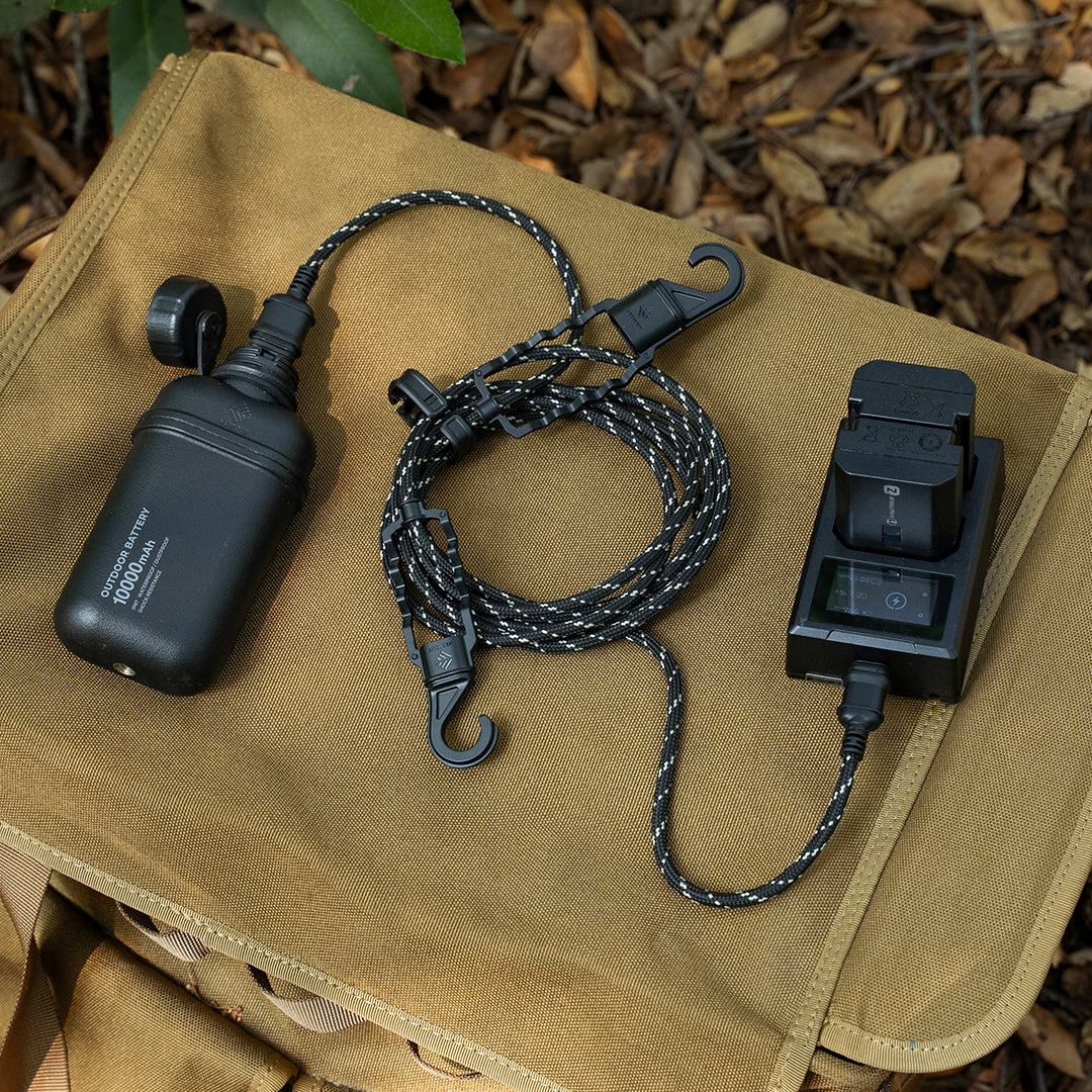 rugged usb-a to usb-c charging cable with hanging hooks, waterproof cap covers, and cord clip for camping