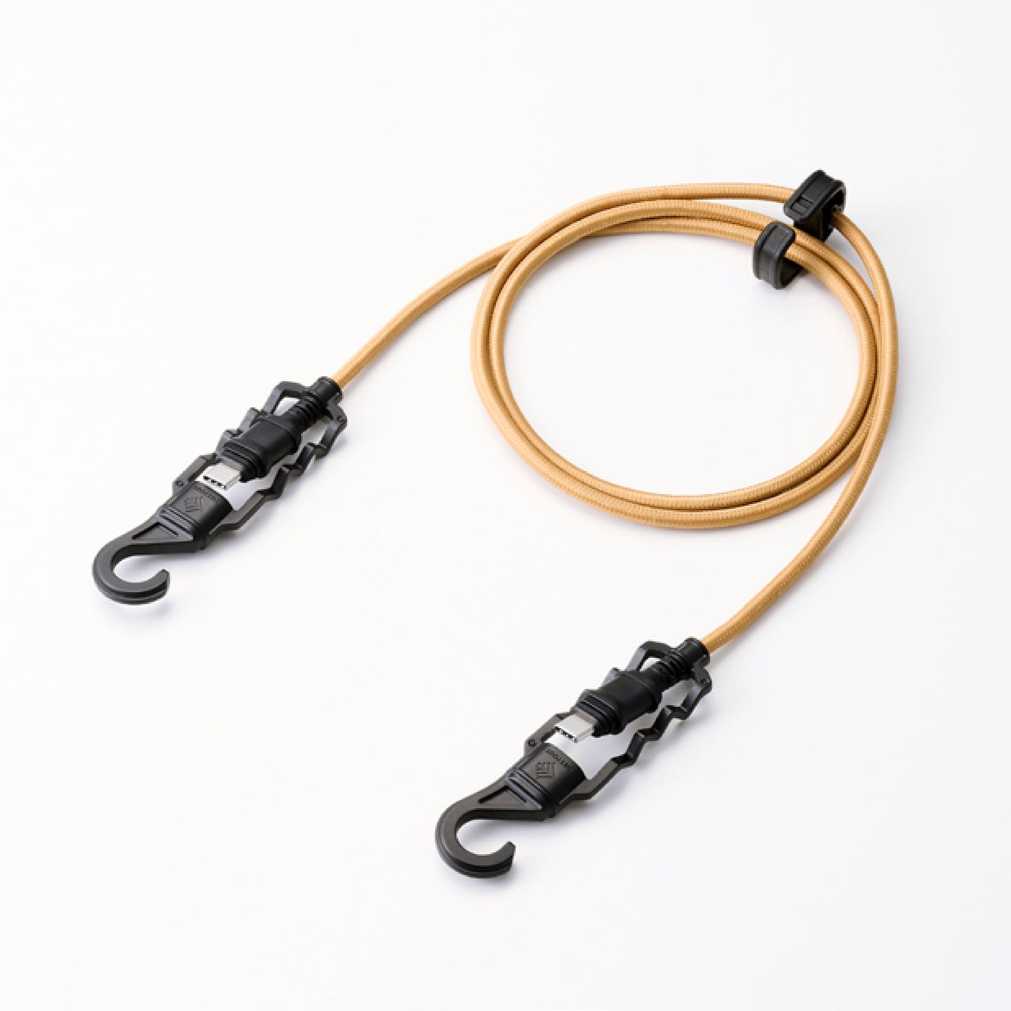 Beige usb-c to usb-c charging cable with hanging hooks, waterproof cap covers, and cord clip 3 foot