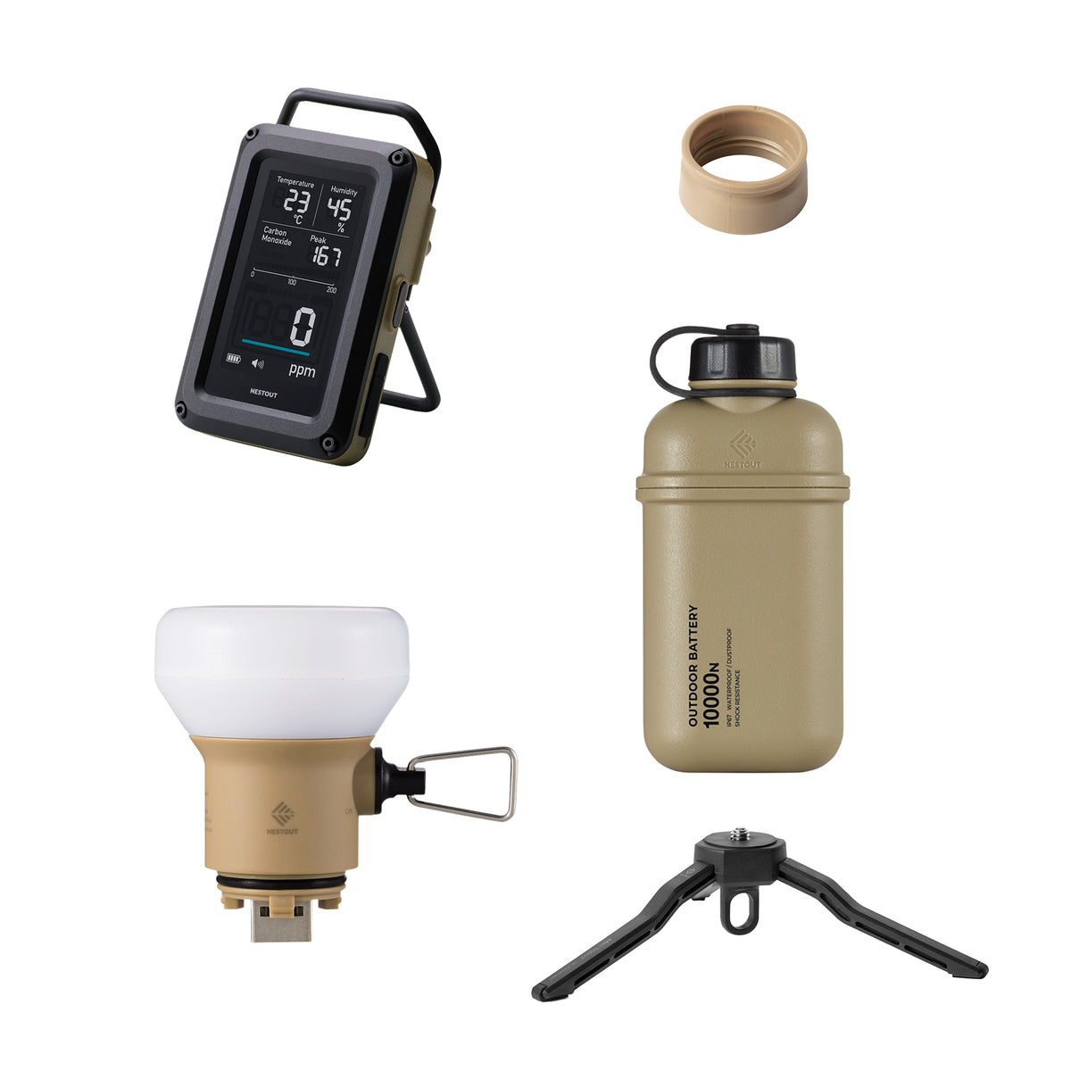 Beige co alarm along with 10k battery, lamp attachment, spacer and tripod on a white background