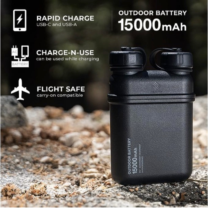 rapid charge via USB-C and USB-A, charge and use, can be used while charging, flight safe and carry on compatible, outdoor waterproof battery in black
