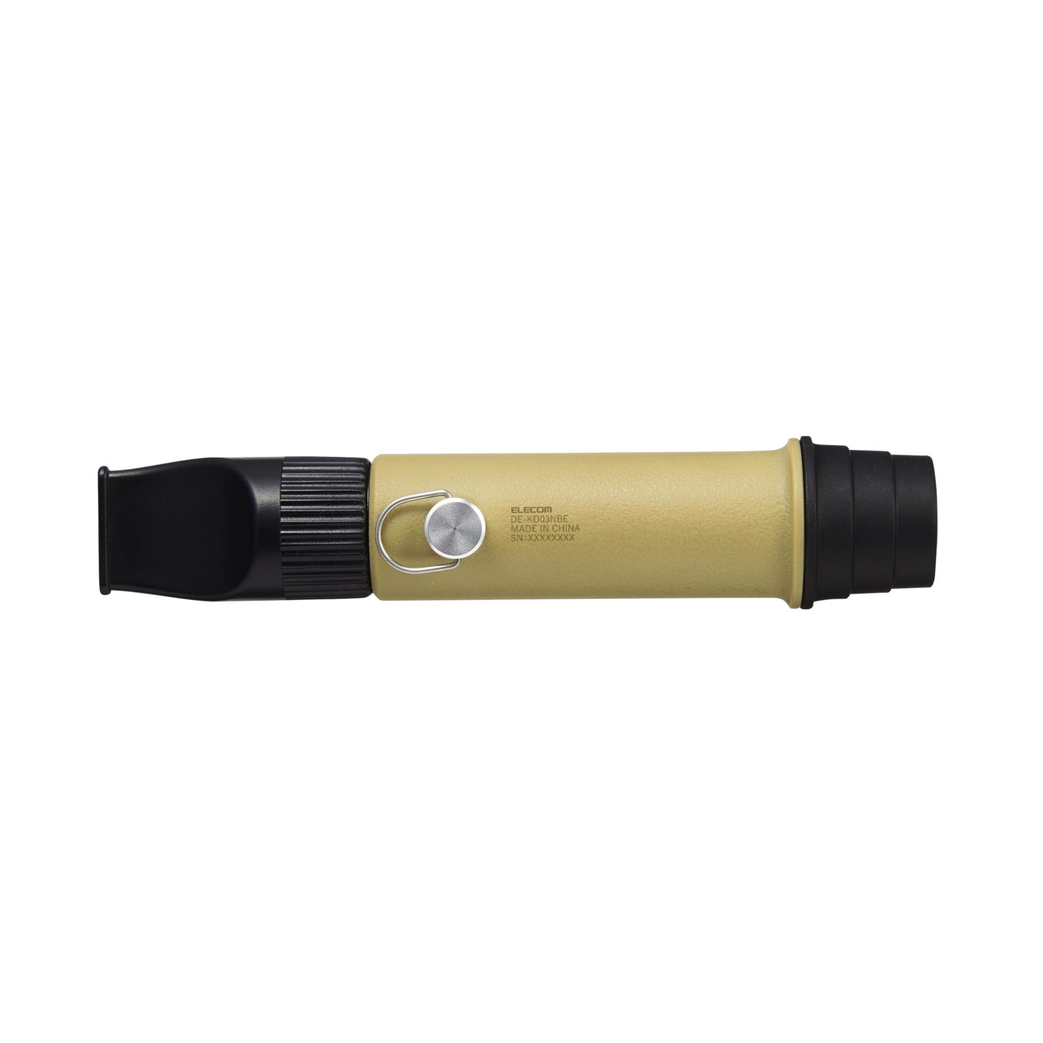 back view of beige whistle light on a white background | showcases the metal loop for attaching the lanyard, ELECOM logo, and style number DE-KD03NBE | Made in China 