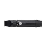 back view of NESTOUT black whistle light on a white background | showcases the metal loop for attaching the lanyard, ELECOM logo, and style number DE-KD03NBE | Made in China 