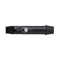 back view of NESTOUT black whistle light on a white background | showcases the metal loop for attaching the lanyard, ELECOM logo, and style number DE-KD03NBE | Made in China 