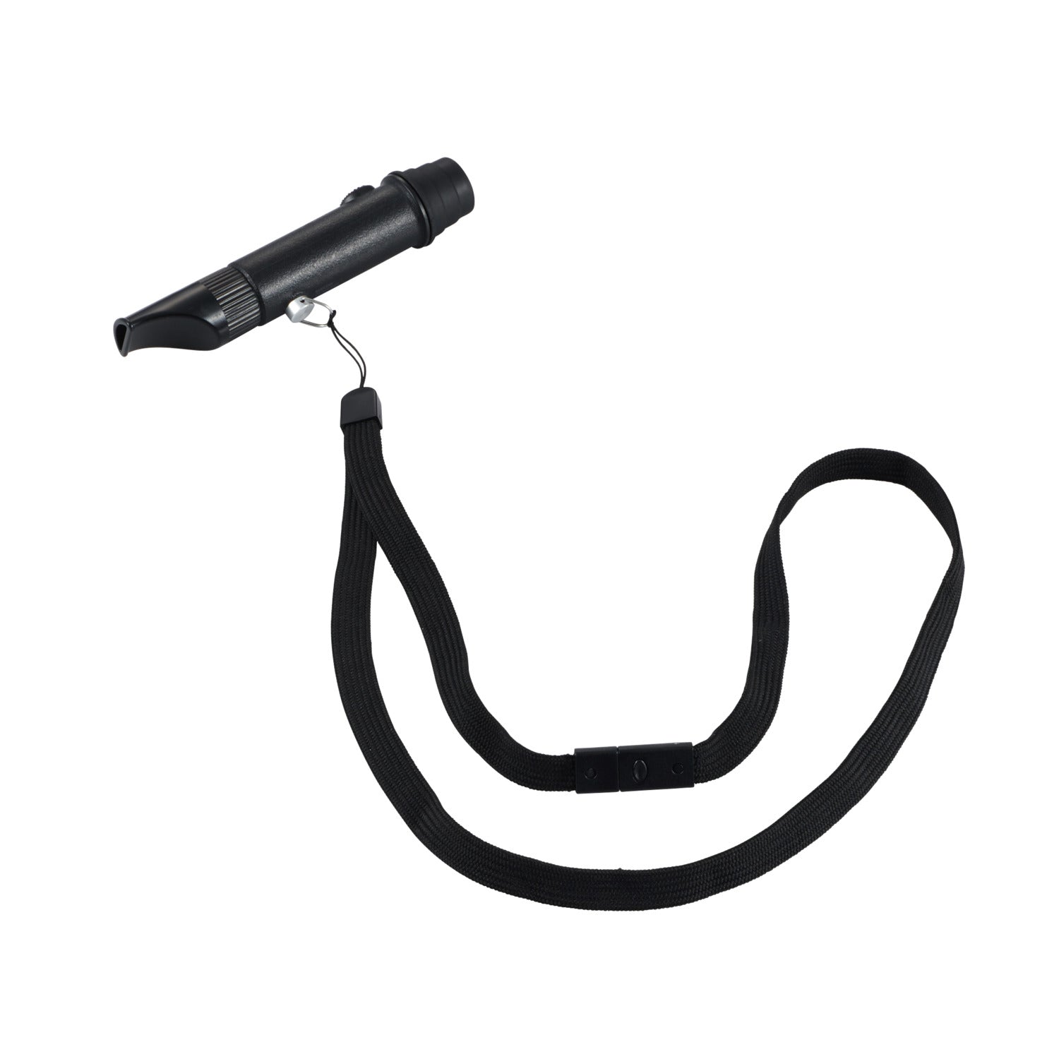 NESTOUT whistle light shown with black lanyard attached on a white background 