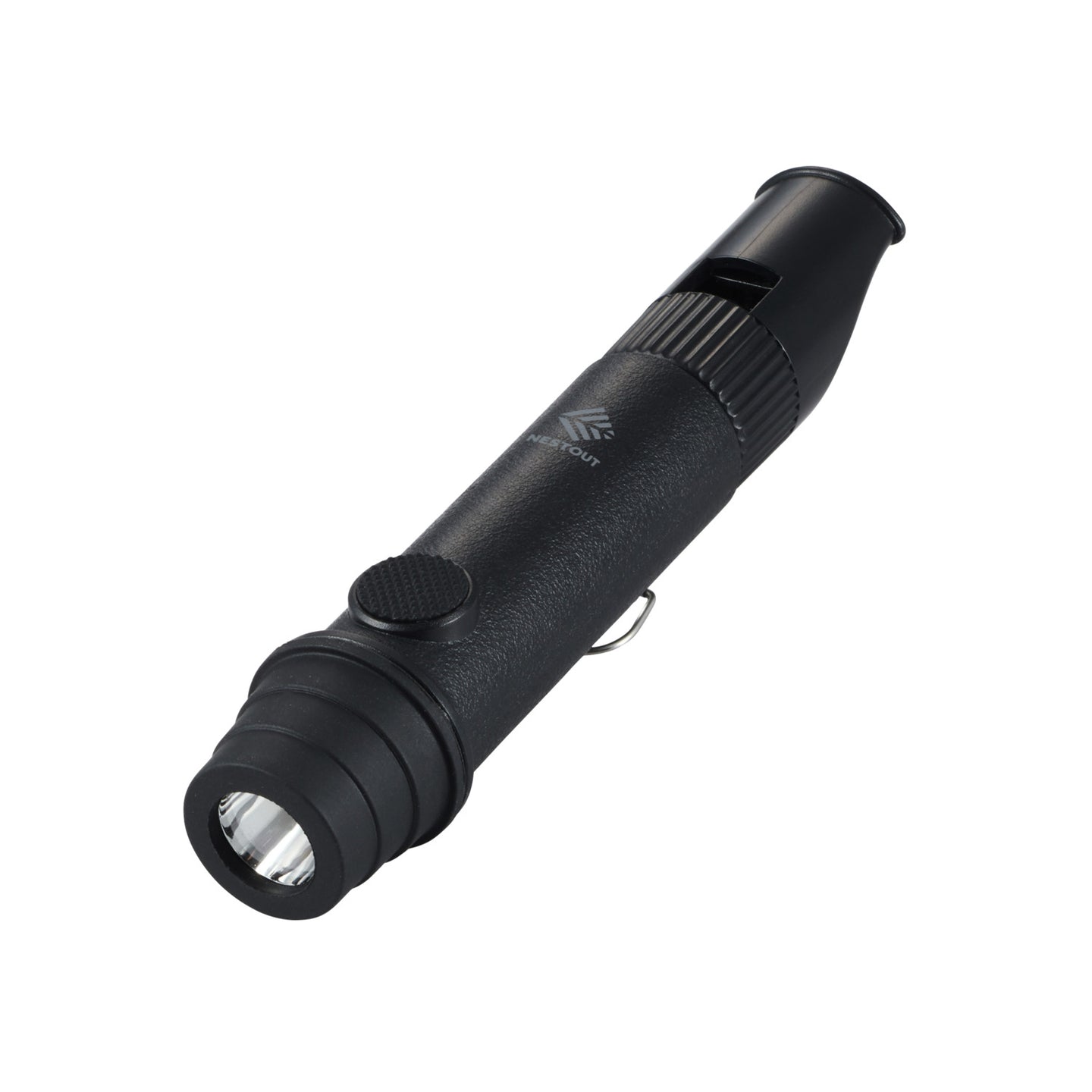 black NESTOUT whistle light shown on a white background | survival tool powered by a AAA battery | acts as an emergency whistle, flashlight, and lantern