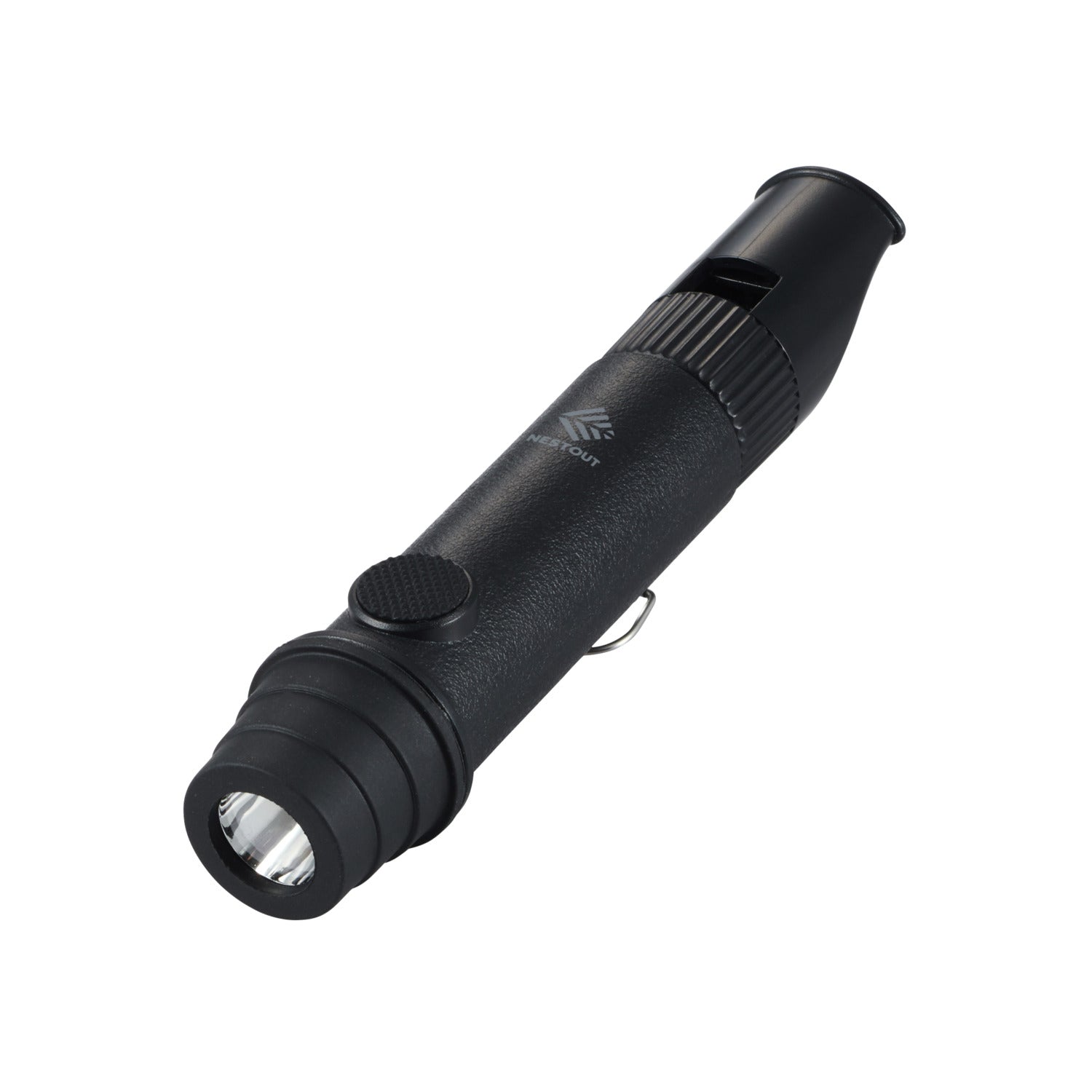 black NESTOUT whistle light shown on a white background | survival tool powered by a AAA battery | acts as an emergency whistle, flashlight, and lantern