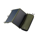 2 panel olive green solar charger for backpacking, camping, hiking, canoeing, and more | survival kit | NESTOUT USA by ELECOM | backpacking accessories | outdoor tech | transparent background | portable solar power generator  | bug out bag