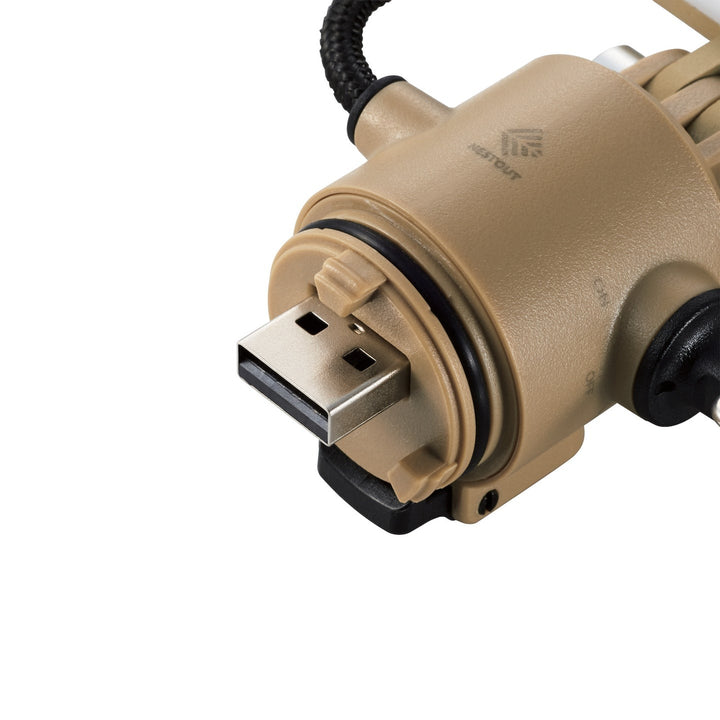 detail shot of beige flashlight accessory connectivity - USB connection | camping gear you need | NESTOUT