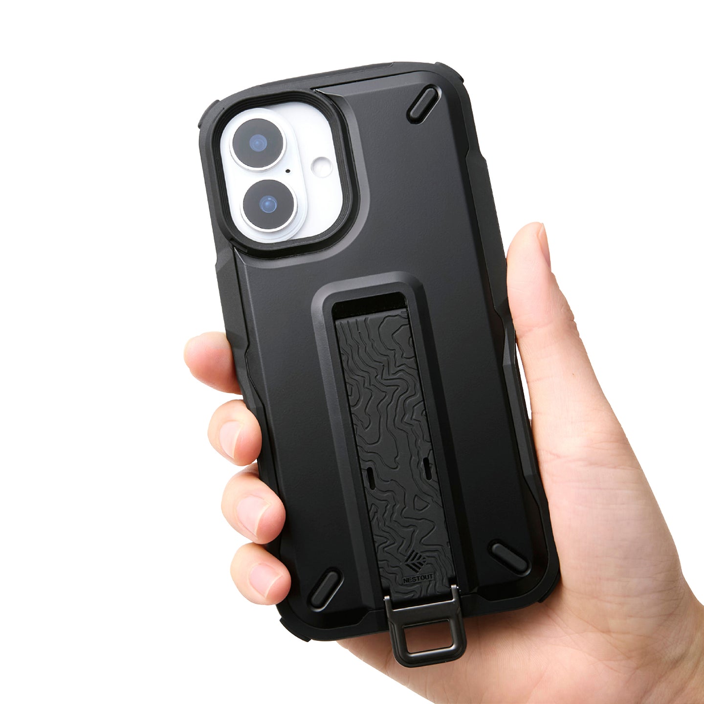 black rugged bumper iphone 16 case and one snap stand mount | NESTOUT Phone Case